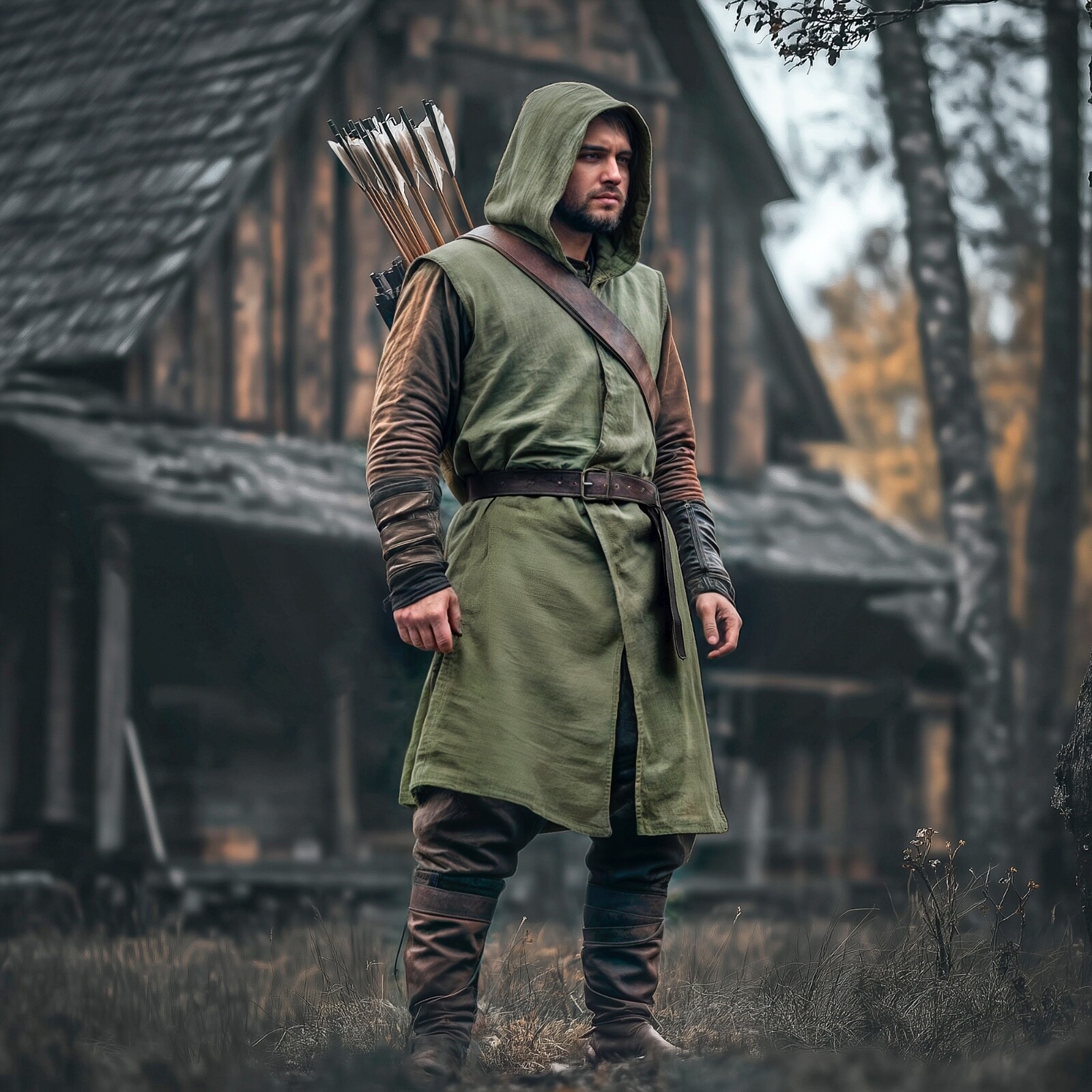 Mittelalterlicher Herren-Wappenrock, Leinen-Kapuzen-Tunika, Renfaire-Umhang, LARP Ranger Cosplay
