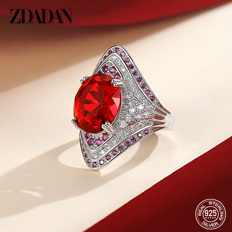 ZDADAN 925 Sterling Zilver Ruby Ring Voor Vrouwen Zirkoon Vingerringen Mode-sieraden Geschenken
