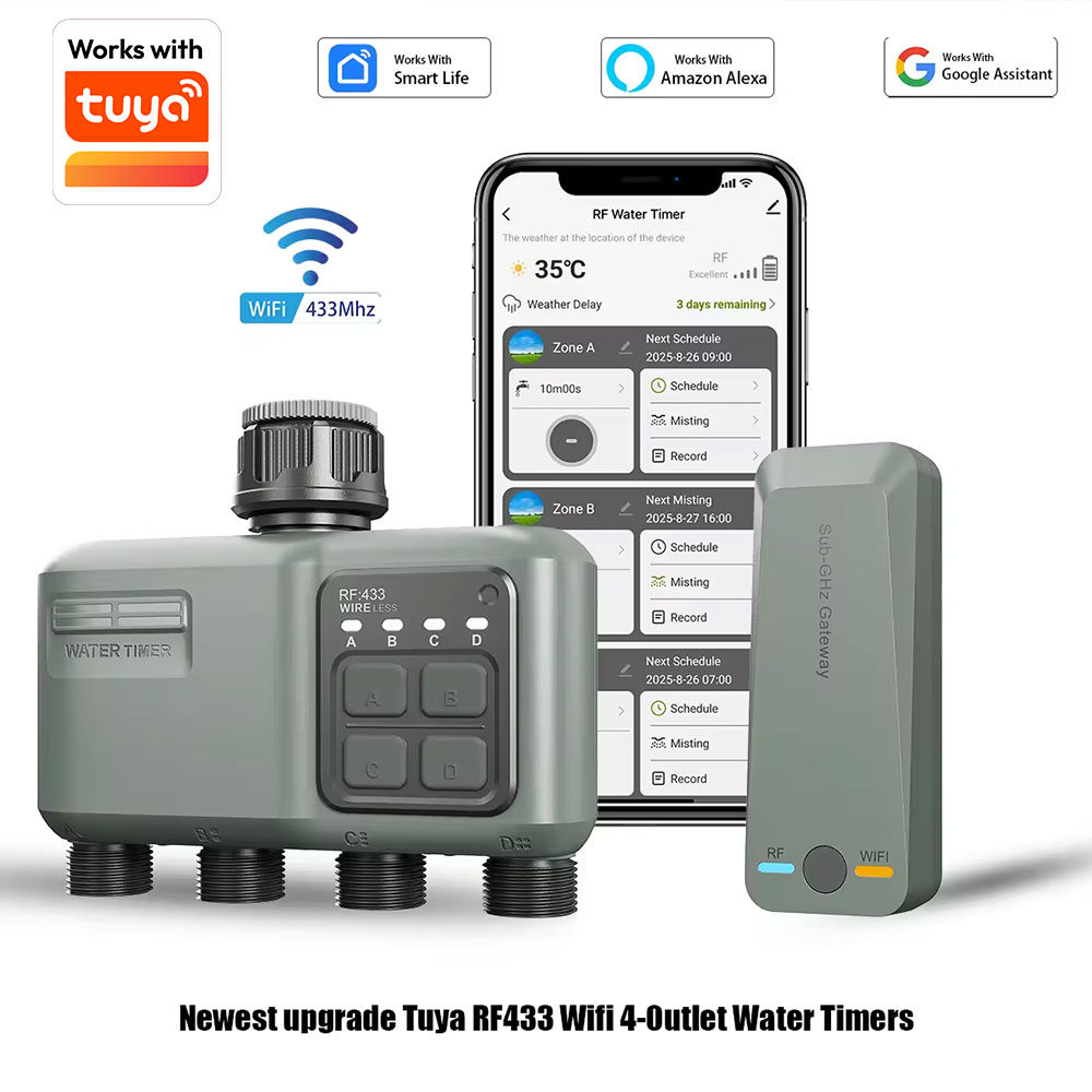 Wifi RF433 smart Garden Sprinkler Water Timer 4-Outlet Rain Delay Filter Programmable Automatic Irrigation Controller For tuya