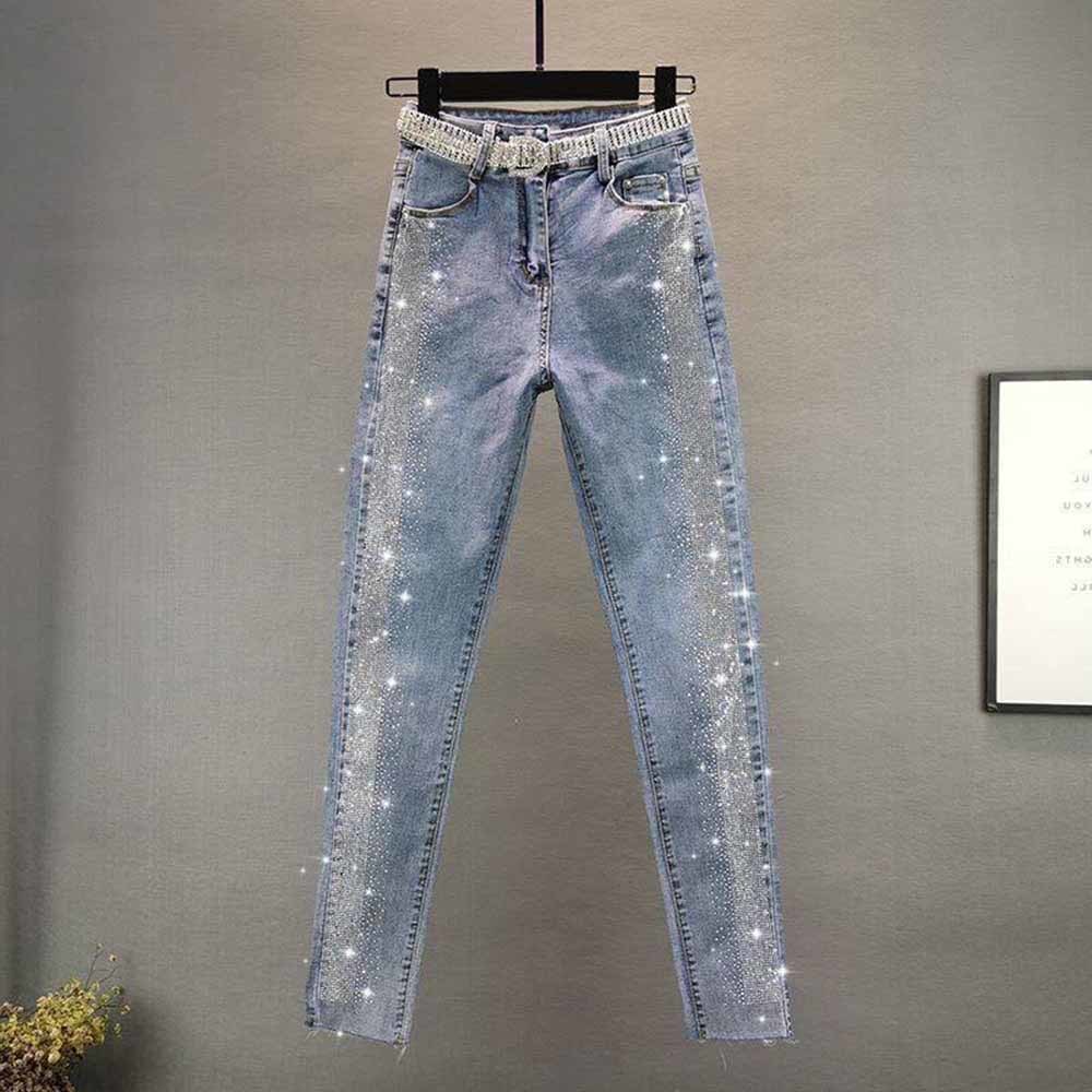 Pantalones vaqueros ajustados de cintura alta para mujer, ropa de calle Vintage con diamantes azules, hasta el tobillo, 5XL, primavera y otoño