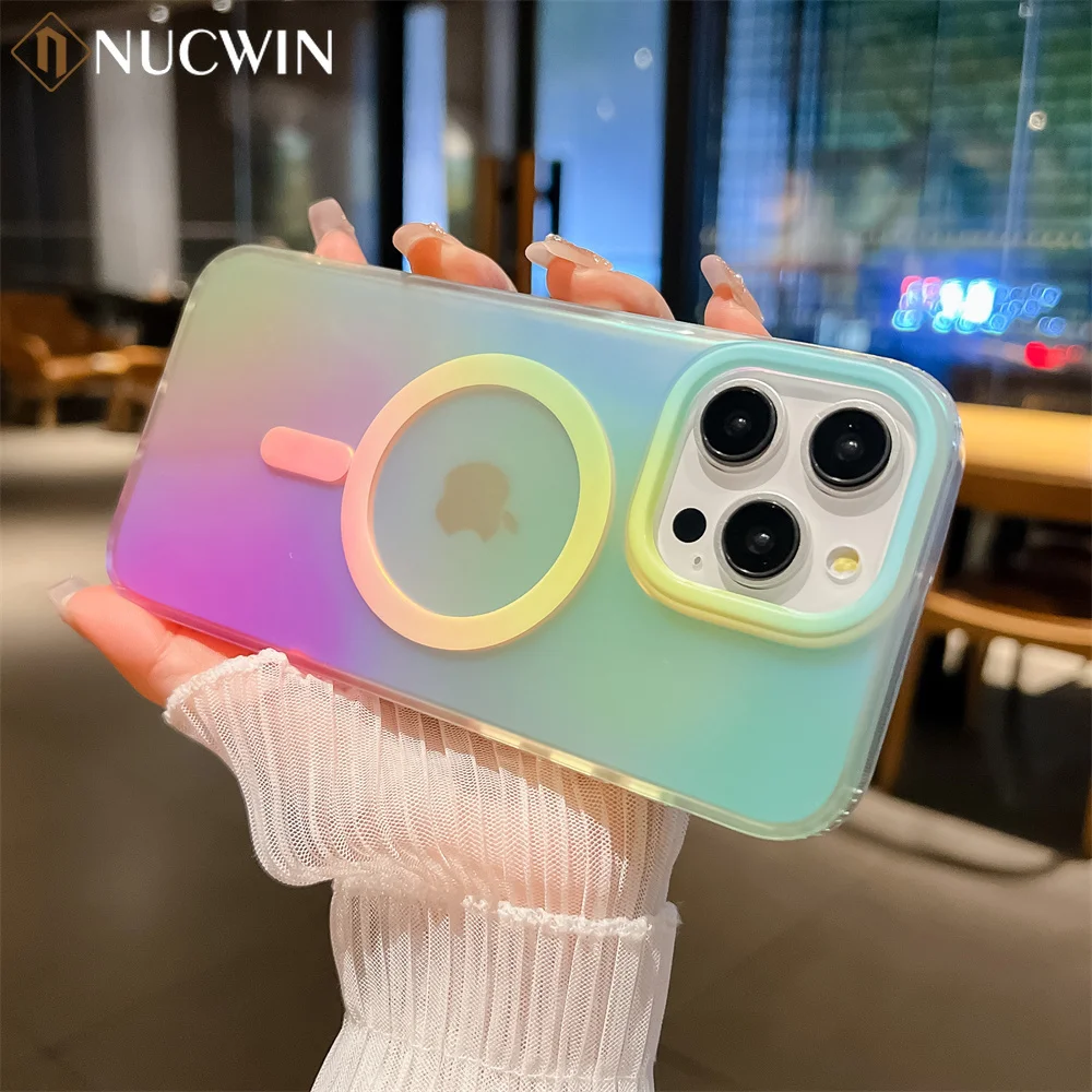 Матовый магнитный чехол Aurora Gradient для iPhone 16, 15, 14 Pro Max, 16 Plus, 13, лазерный, разноцветный, радужный, противоударный, совместимый с MagSafe