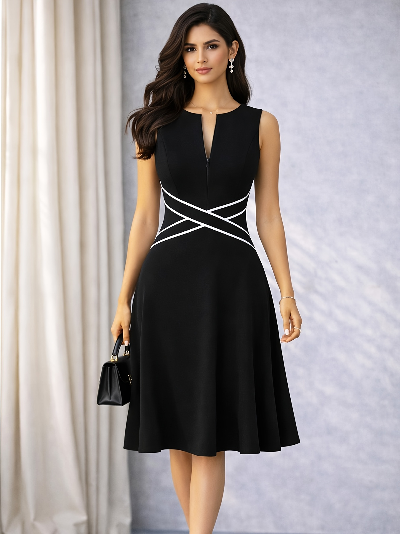 Damen Ärmelloses Elegantes Sommer-Bürokleid A-Linie Vintage mit Reißverschluss Vorne Business Casual Party Slim Fit und Ausgestelltes Swing-Kleid