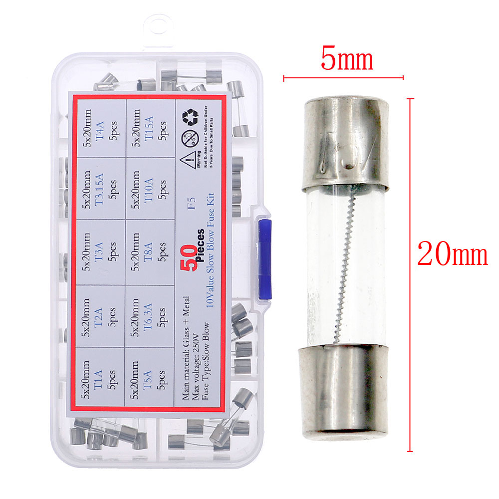 50 Uds 5x20mm tubo de vidrio de soplado lento fusible caja surtida Kits T1A 2A 3A 3.15A 4A 5A 6.3A 8A 10A 15A