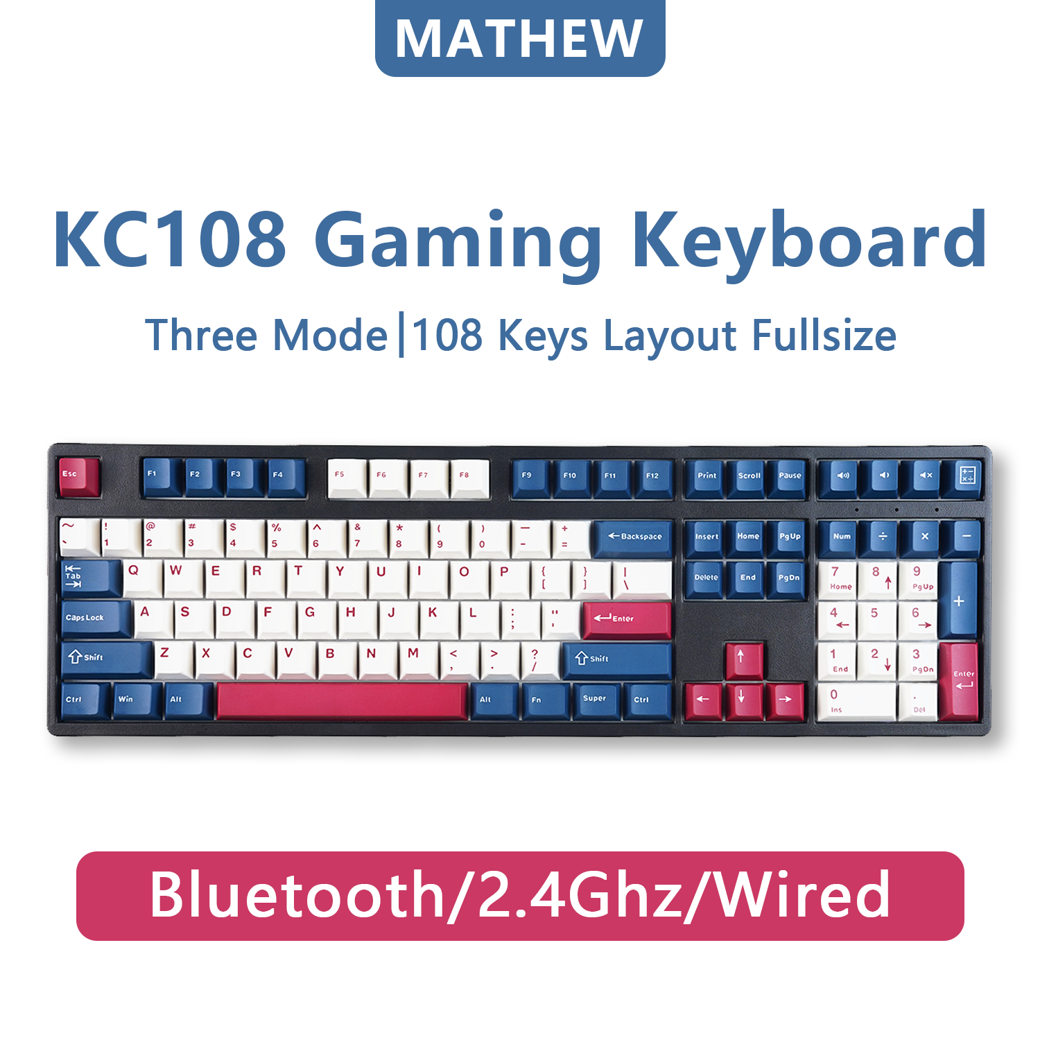 MATHEW KC108 clavier mécanique trois modes classique 108 touches disposition clavier rvb d'échange à chaud pleine grandeur pour bureau de jeu Mac/Windows