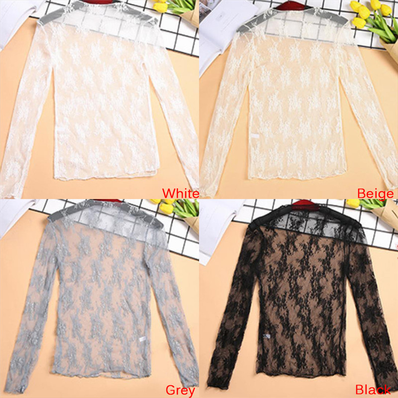 Elegantes transparentes T-Shirt sexy Langarm Mesh Tüll durchsichtiges Oberteil