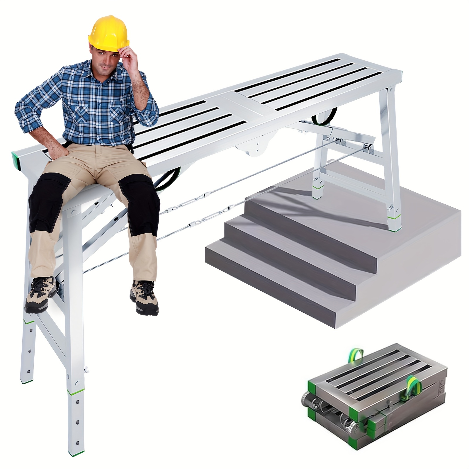 15.75'' Width Work Platform Steel Folding Step Ladder Thicken Scaffolding Portable Stage Adjustable Height Work Drywall Bench