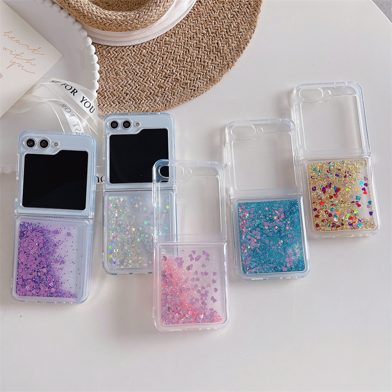 Casing Glitter Warna Hati Payet Quicksand untuk Samsung Z Flip 6 7, Penutup Ponsel Lipat Berkilau Cair, Pelindung Lunak