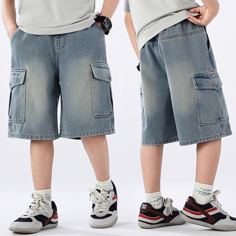 Shorts jeans de verão para meninos adolescentes, calças jeans finas com bolso grande, cor sólida, para crianças de 4 a 14 anos, calças casuais