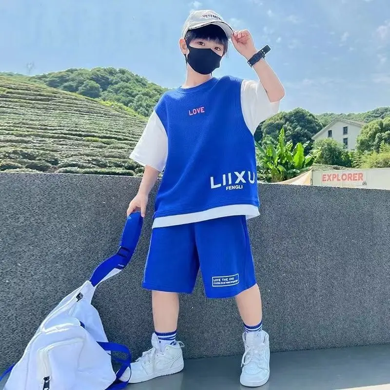 Traje de verano para niños, pantalones cortos de manga corta de retazos, ropa deportiva, tendencia de 3 a 14 años