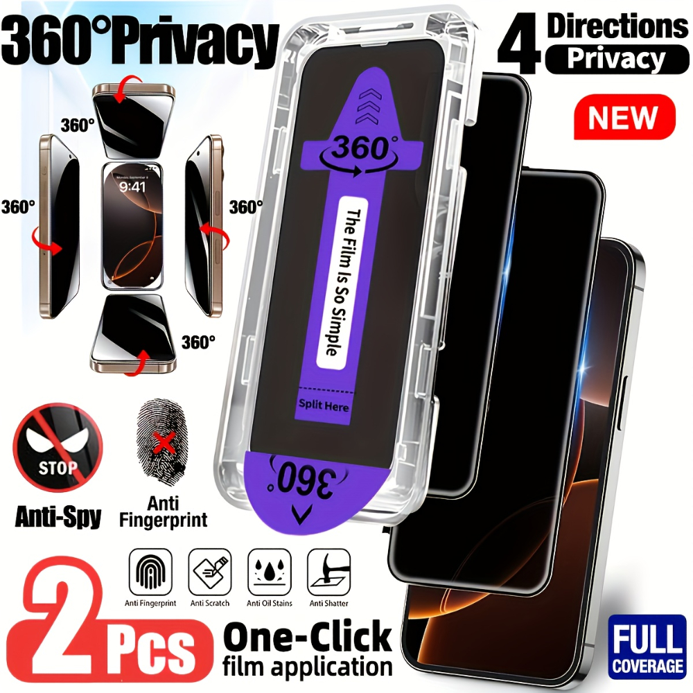 NNBILI 2 pezzi protezione schermo in vetro temperato privacy da 360 gradi con kit di installazione kit di allineamento automatico per iPhone 17 16 15 Pro Max