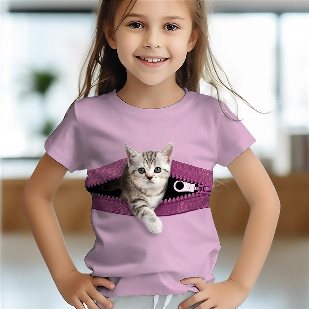 Roupas de menina 3d gato impressão roupas infantis manga curta camisetas verão crianças roupas casuais crianças topo gatinho menina t camisa