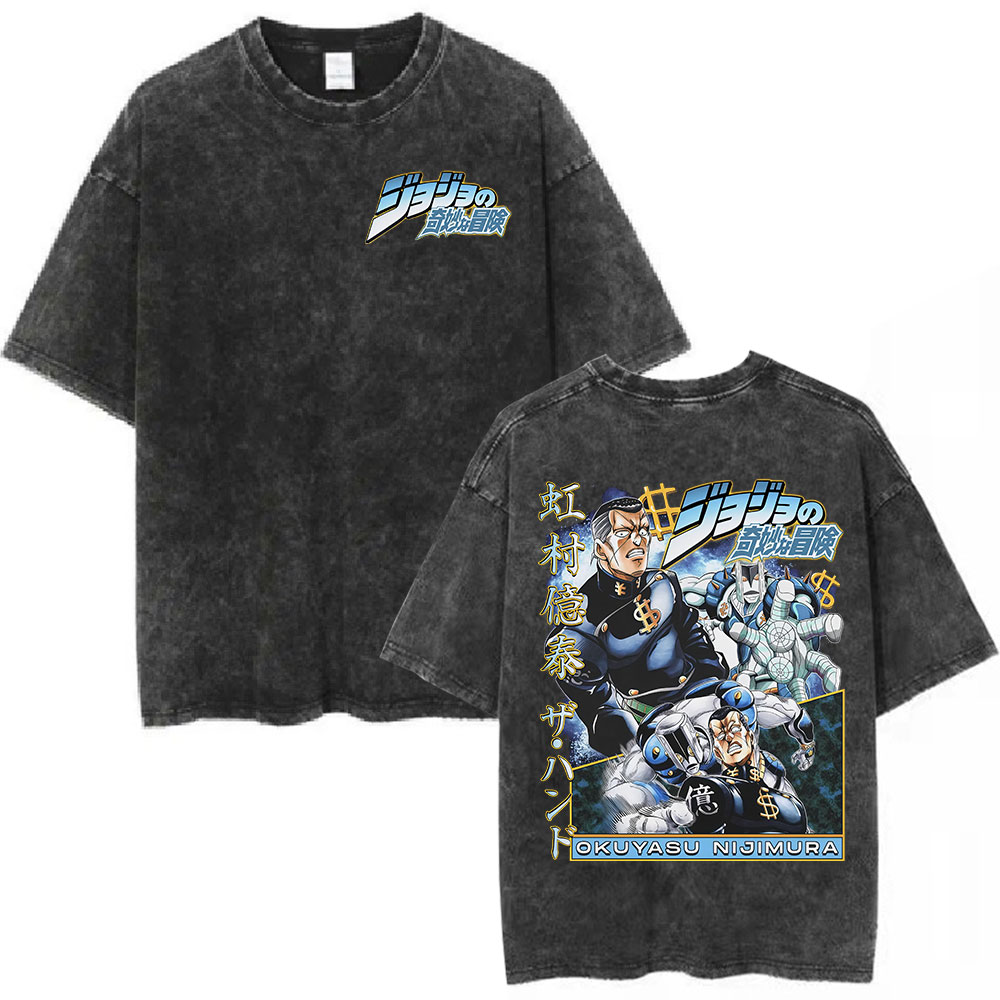 Anime JoJo Bizarre Adventure Okuyasu Nijimura Vintage camiseta lavada hombres mujeres ropa algodón Casual moda camiseta de gran tamaño