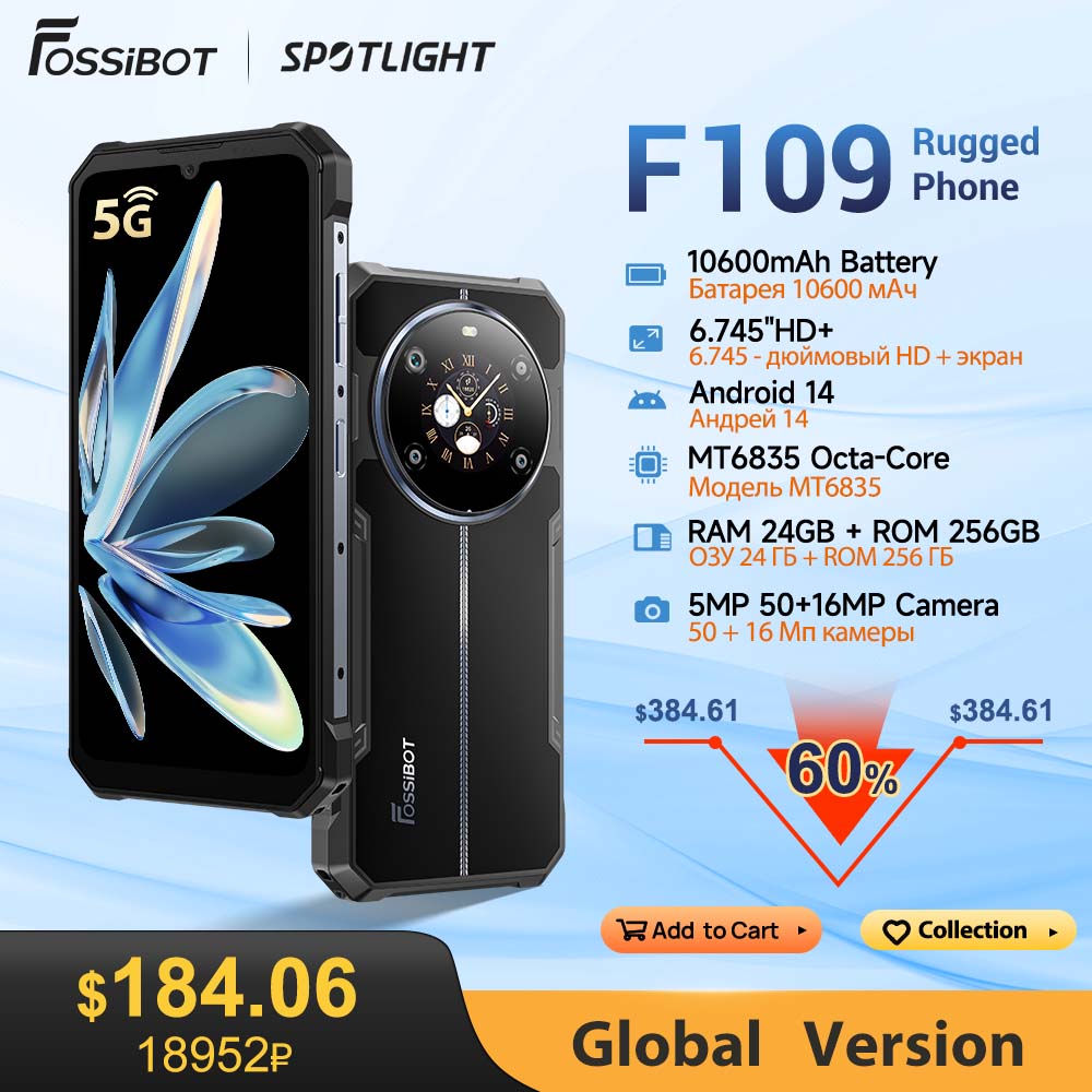 FOSSIBOT F109 Rugged Phone 10600mAh 6.745"HD+Smartphone Android 14 24GB+256GB 50MP Cam Dual Screen Mobile Phone Global Version