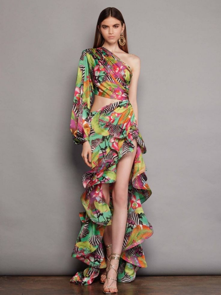 Vestido largo Floral de un hombro para mujer, traje Sexy con volantes, cuello Diagonal, corte Irregular, fiesta de noche y vacaciones, Verano