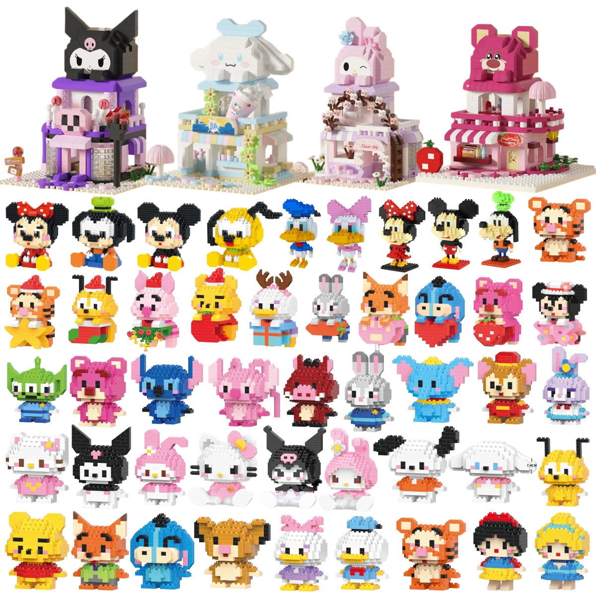 Kurome Cinnamoroll Hello Kitty Stitch Block-Charaktere Zusammengebautes Modell Mickey Mouse Baustein-Puppen Spielzeug Kindergeschenk
