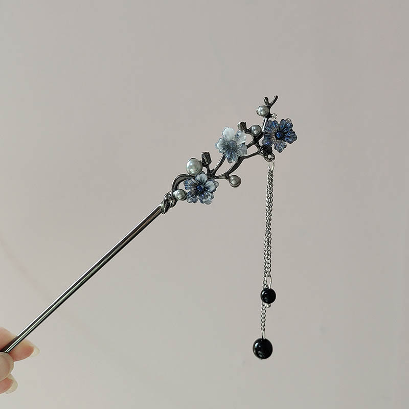 クラシックなヘアスティック、箸、インクカラーの花、メタルフリンジヘアピン、女性用パールブラックビーズチャイナヘアバンジュエリーギフト