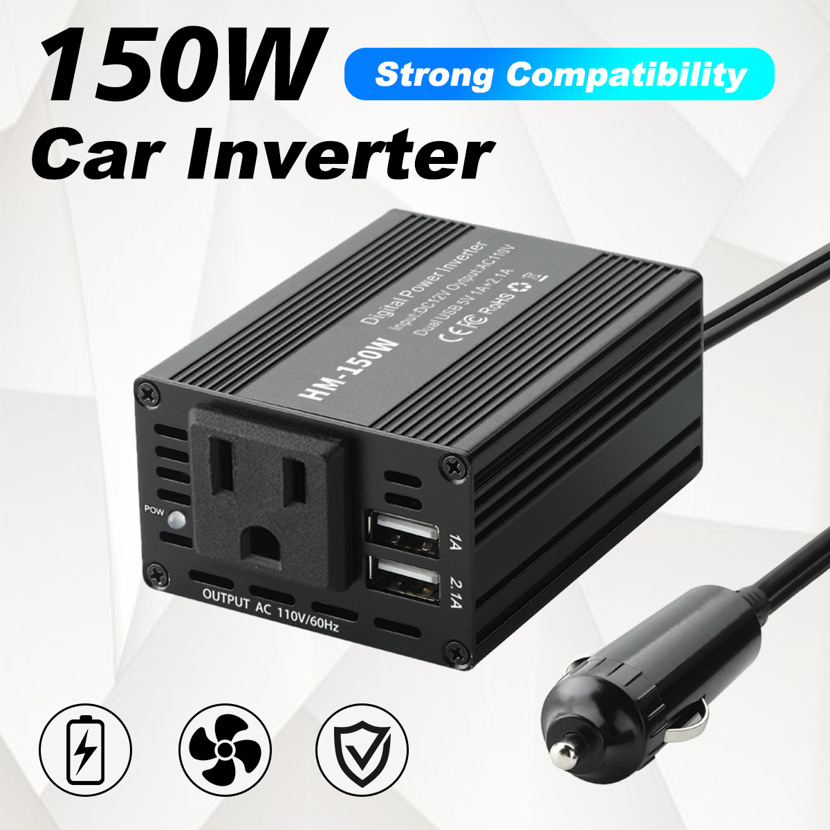Onduleur de puissance de voiture 150W, onde sinusoïdale Pure, sortie de prise américaine 110V 1A /2.1A, Port USB, adaptateur de tension de charge rapide multifonction