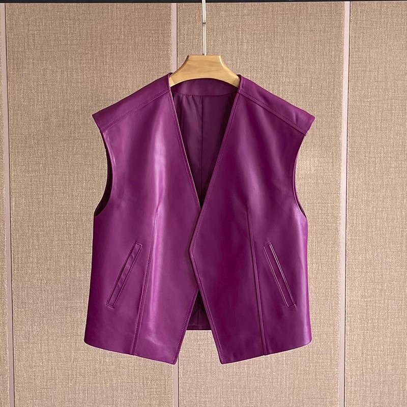 Chaleco de cuero para mujer, suelto, camiseta sin mangas, cuello en V, chaleco de piel de oveja auténtica, abrigo sin mangas con clip, primavera y otoño