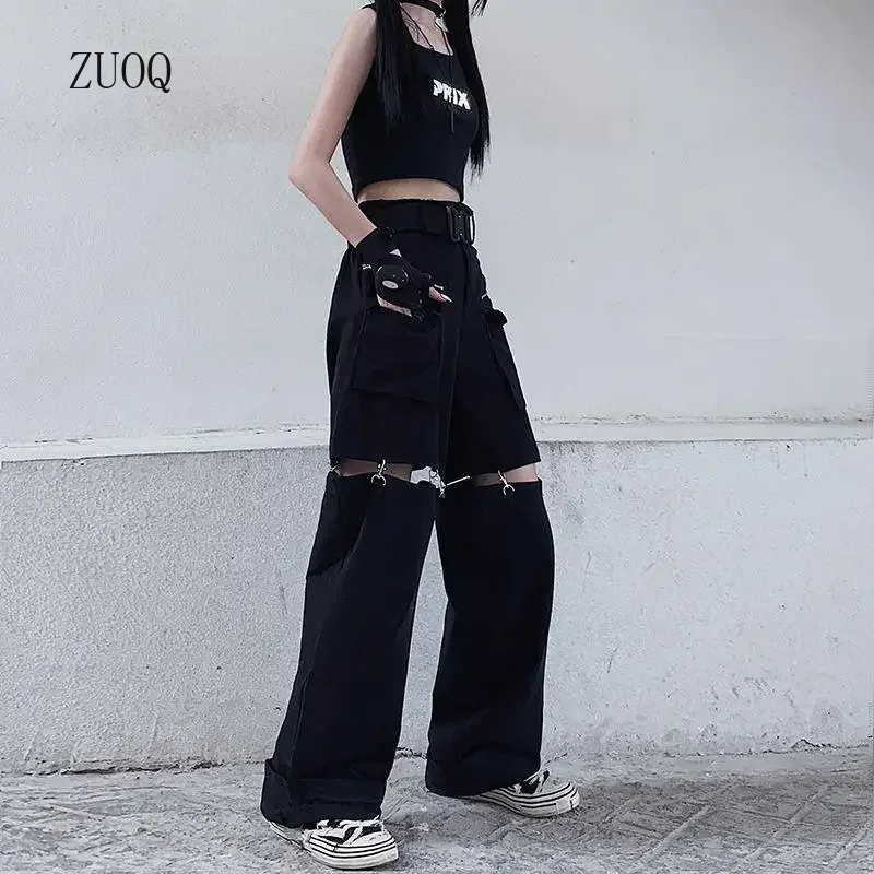 Nouvelle mode pantalon noir femmes 2025 détachable décontracté coréen Cargo jambe large pantalon femme