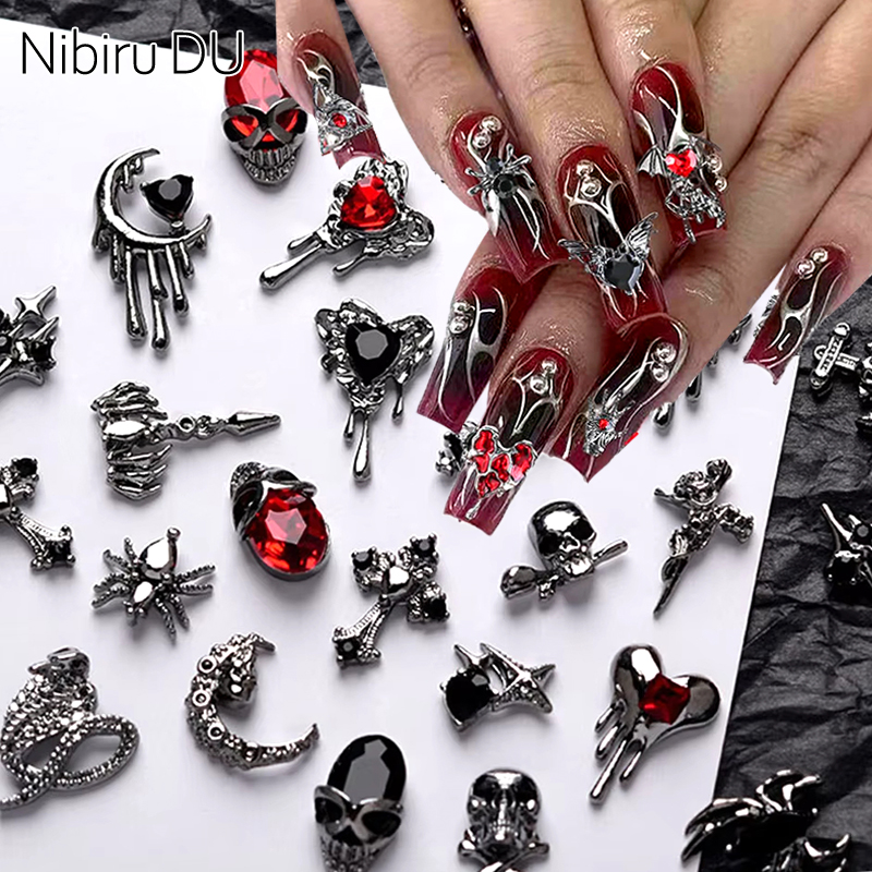 Breloques 3D en Métal pour Décoration des Ongles, Style Rétro, Noir, Cœur, Croix, Crâne, Araignée, Gemmes Effrayantes
