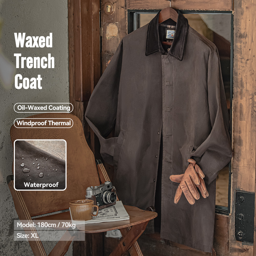 Maden Abrigo masculino vintage con acabado encerado Abrigo de longitud media con cuello de pana Protección contra el viento y el agua abrigo marrón Abrigo holgado para el otoño