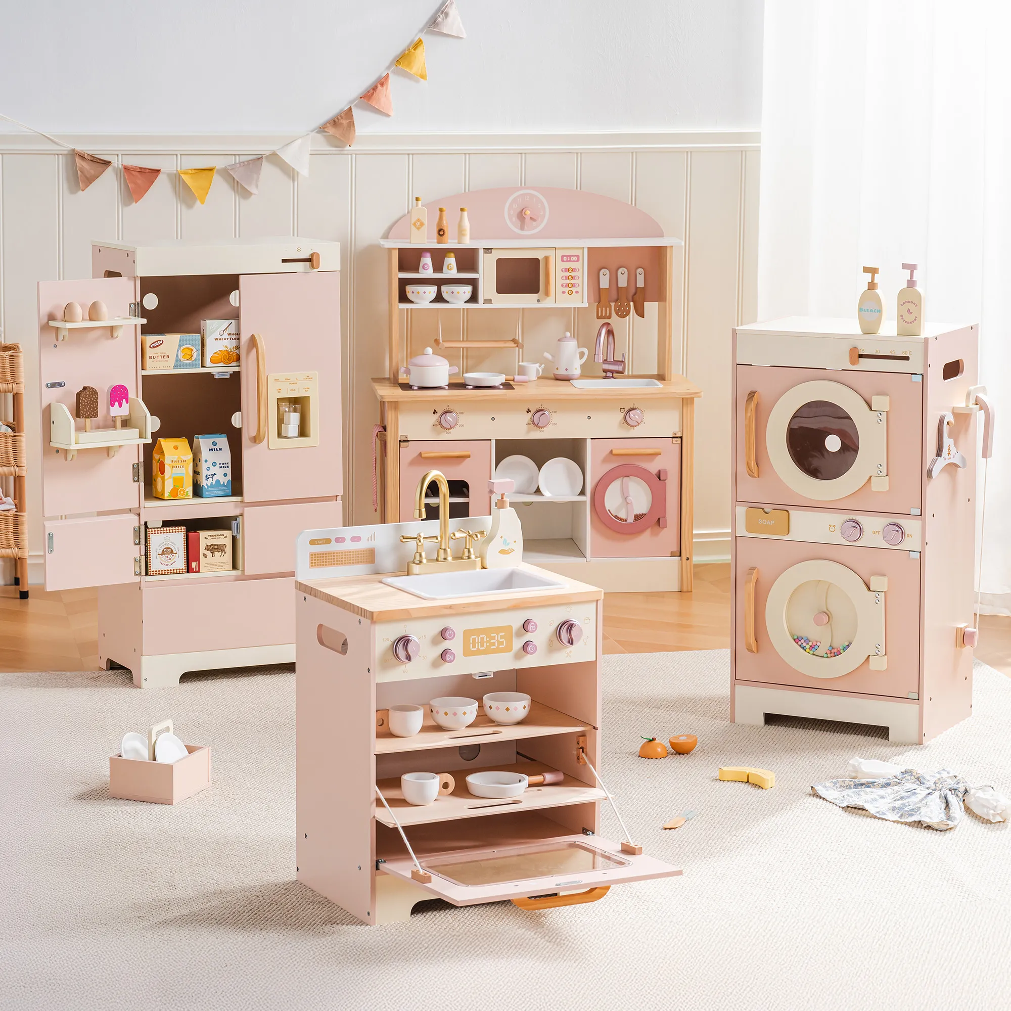 Robotime Robud Kinder-Eckküchen-Spielset aus Holz, Spielküchenset mit realistischem Klang, Rollenspiel-Geschenk für Jungen und Mädchen, Rosa