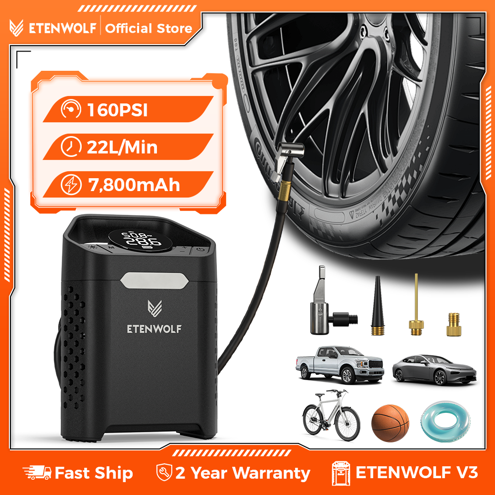 Новый портативный насос для накачки шин ETENWOLF V3, 160 фунтов на квадратный дюйм, автомобильный компрессор, 100% рабочий цикл, 7800 мАч, воздушный насос для автомобилей, мотоциклов, велосипедов