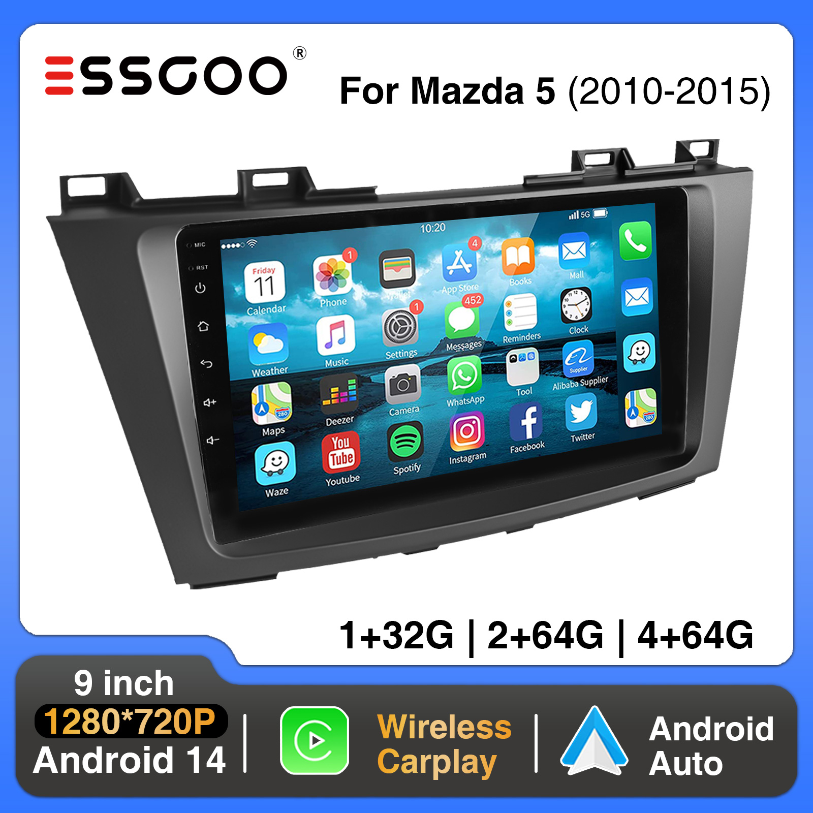 ESSGOO 9 "Für Mazda5 2010-2015 Carplay Android Auto Auto Stereo Multimedia Player Radio Android 14 GPS Navi wifi BT FM SWC USB