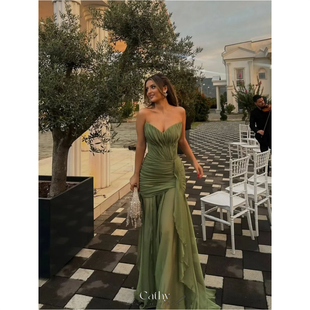 Cathy Personalizowana Sukienka Wieczorowa z Plisowanego Szyfonu w Kolorze Oliwkowej Zieleni, Dekolt w Serek, Sznurowana, vestidos de noiva, Sukienki Wieczorowe typu Sheath do Ziemi, Kolekcja 2025