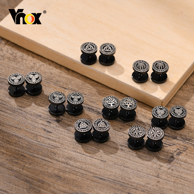 Vnox męskie Viking czarne kolczyki sztyfty, Vegvisir i Norse Valknut, fajny punkowy zestaw ze stali nierdzewnej Norse Viking męskie kolczyki