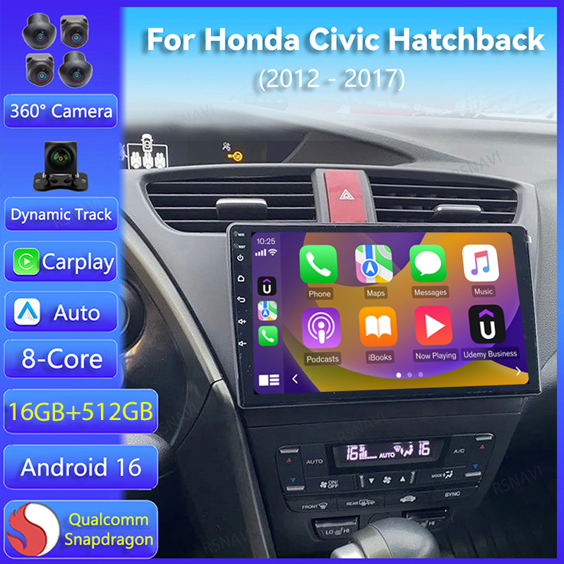 Android 16 Carplay Auto para Honda Civic Hatchback 2012 2013 2014 2015 2016 2017 Reprodutor de Rádio Multimídia para Carro com WiFi+4G DSP Estéreo