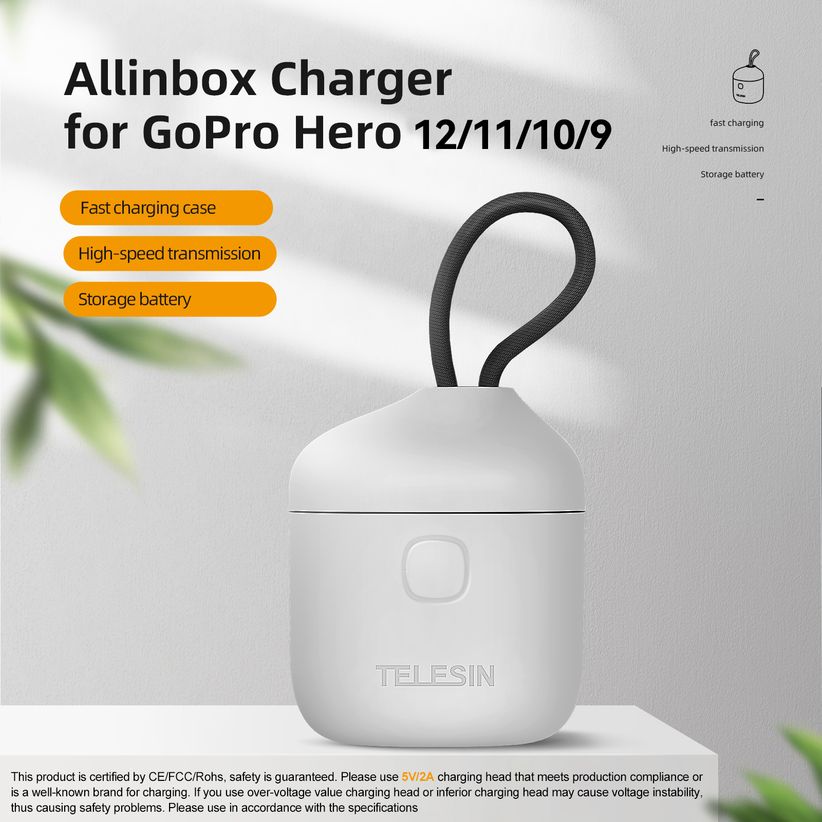 TELESIN chargeur Portable pour GoPro Hero 12 11 10 batterie 3 fente Silicone Anti-chute boîtier de charge étanche avec lecteur de carte TF