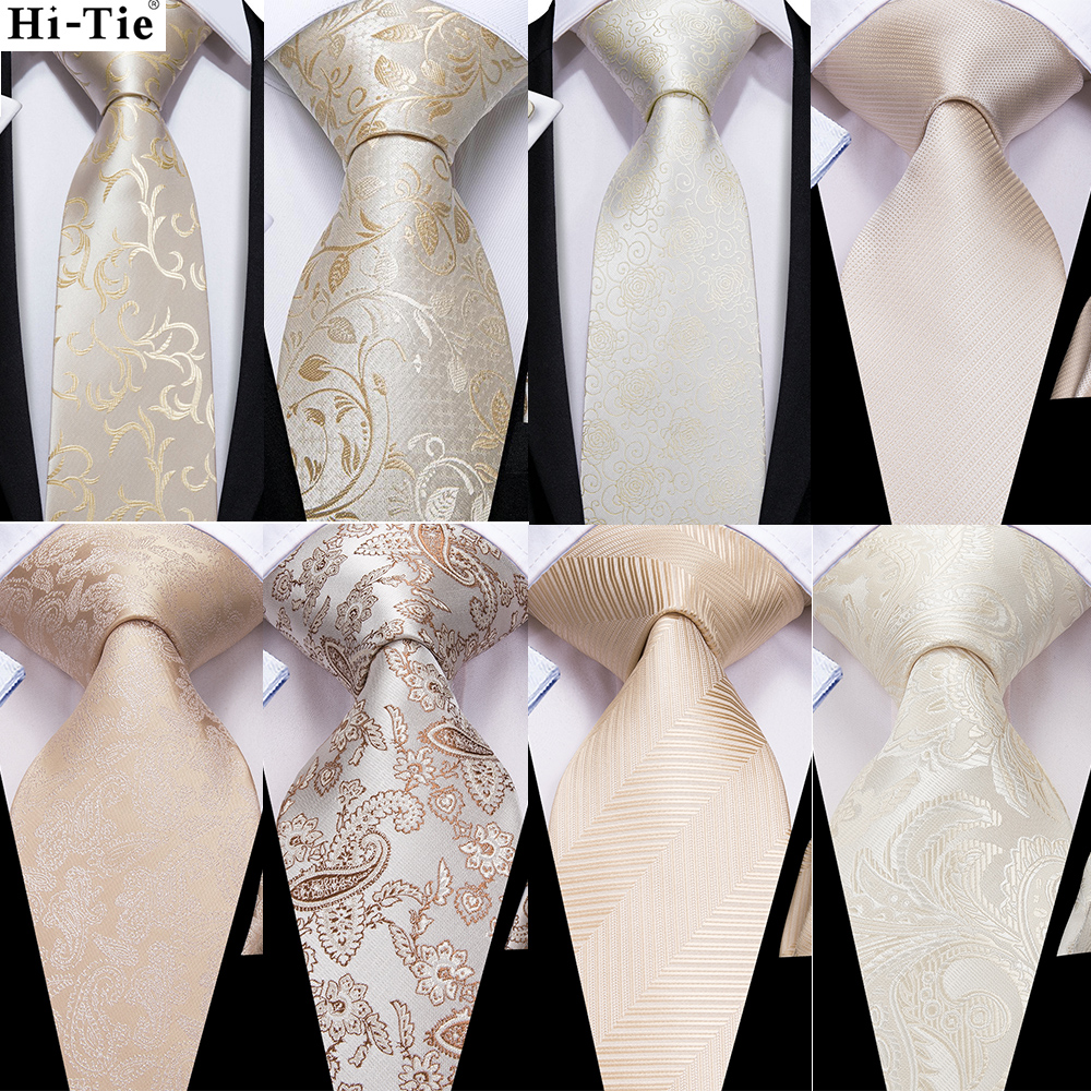 Hi-Tie szampan beżowy kwiatowy solidna konstrukcja jedwabny krawat ślubny dla mężczyzn jakości Hanky spinki moda Nicktie biznes Dropshipping