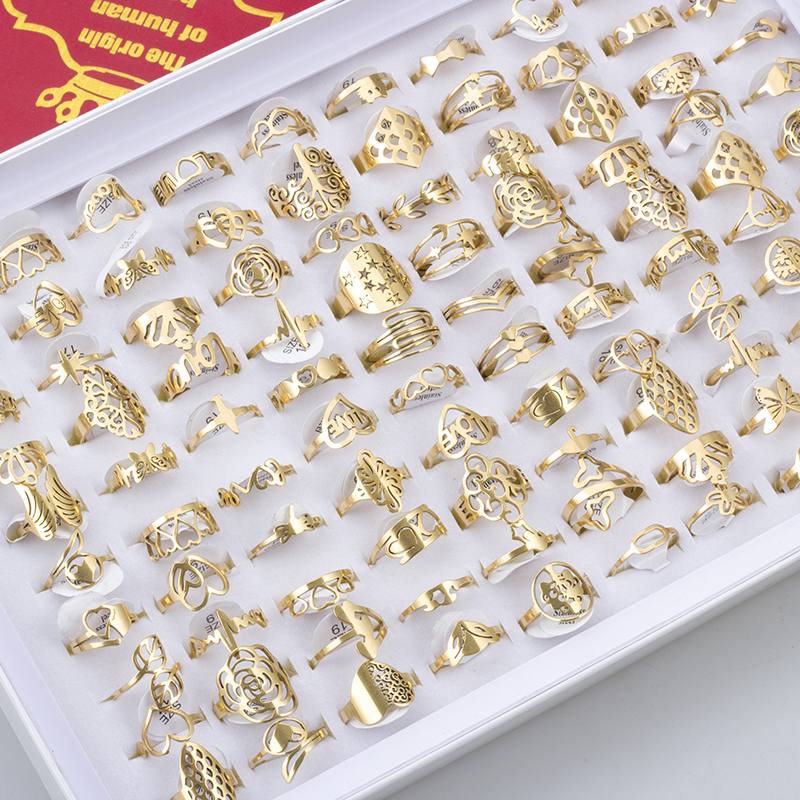 100 pièces en acier inoxydable gravé anneaux pour hommes et femmes mode charme bijoux cadeau creux fleur bagues en gros Lots