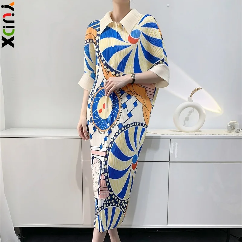 Miyake เดรสผู้หญิงอัดพลีท, เดรสพิมพ์ลายยาวปานกลางกระโปรงลำลองแฟชั่นแขนค้างคาวไซส์ใหญ่พิเศษ2024ต้นฤดูใบไม้ผลิใหม่