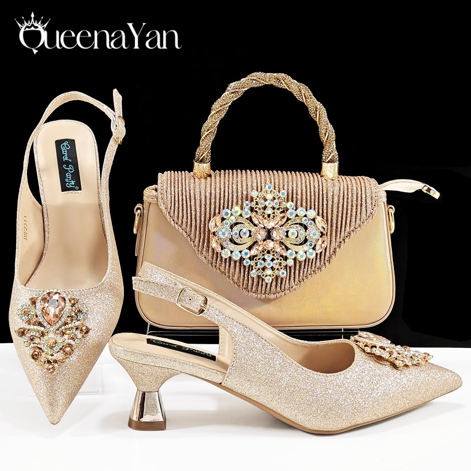 Set di scarpe e borse a punta color pesca dal design italiano con strass e tacchi alti da donna di lusso per le feste di QSGFC