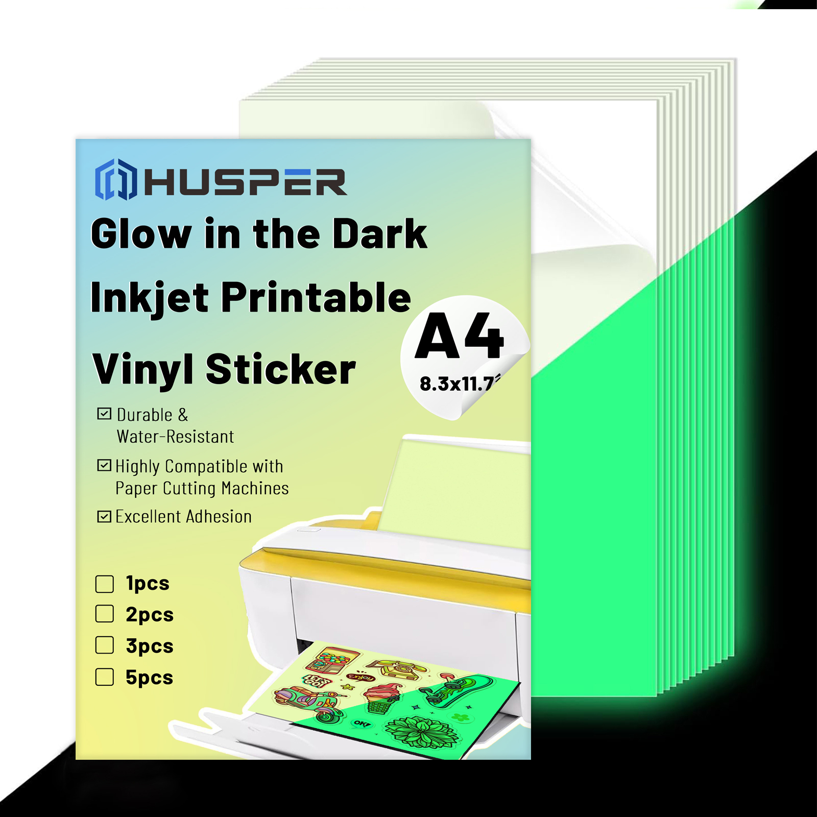 A4 1/2/3/5 hoja que brilla en la oscuridad, papel adhesivo de vinilo para inyección de tinta imprimible, etiqueta autoadhesiva impermeable para impresoras de inyección de tinta