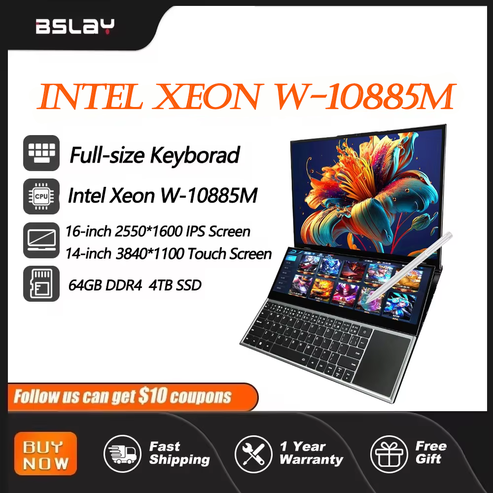 Intel Xeon W-10885M 16,1 + 1,1-дюймовый ноутбук с двойным экраном, 64 ГБ ОЗУ, 4 ТБ SSD DDR4 Window11, 5,3 ГГц, HD-камера, портативный офисный компьютер