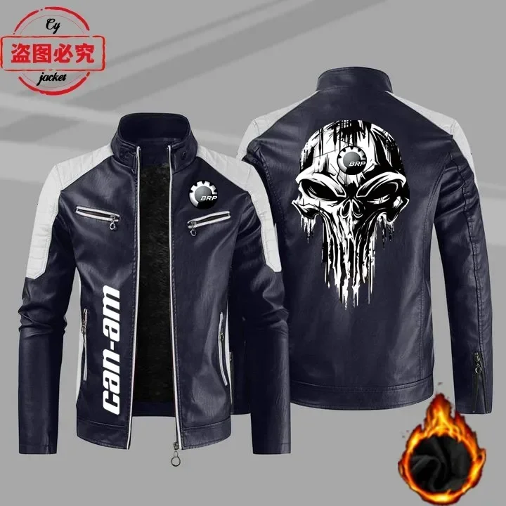 Jaqueta de Couro PU Retrô Lavado com LOGO CAN-AM para Motociclistas, Corta-Vento Masculina para Outono e Inverno, Jaqueta de Couro para Ciclismo Primavera e Outono