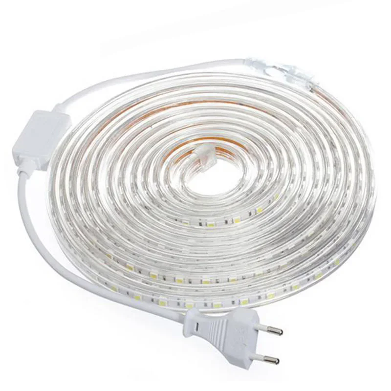 Tira de luces LED AC220V SMD 5050, lámpara Flexible, luces Led impermeables para exteriores, blancas, 60leds/m con enchufe de alimentación de la UE, 1M/2M/5M/10M/20M