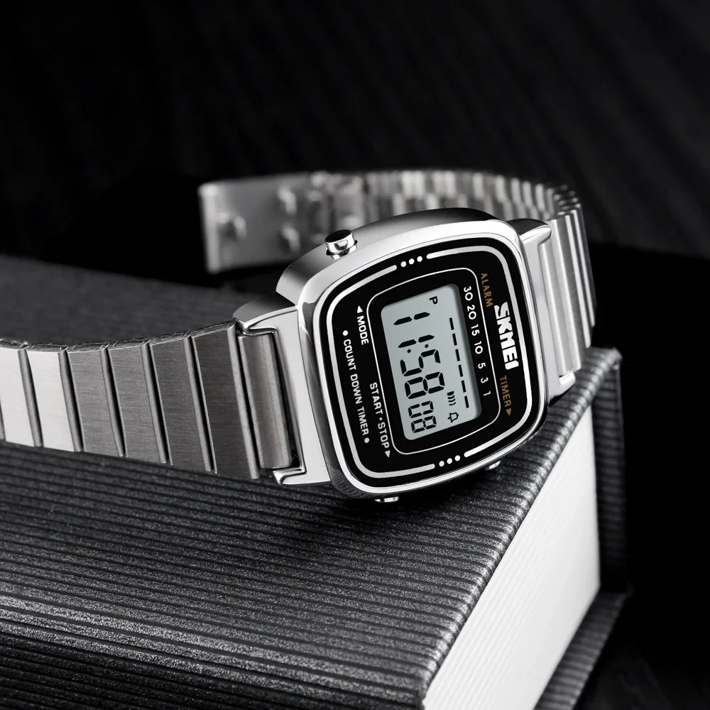 SKMEI 1901 Luxury นาฬิกาผู้หญิงขนาดเล็กสแตนเลสสตีลดิจิตอลกันน้ําสุภาพสตรีนาฬิกาข้อมือสตรี Montre femme