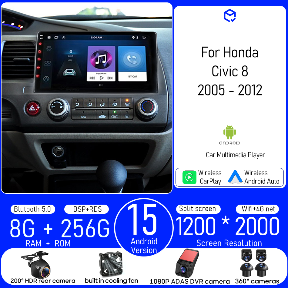 Для Honda Civic 8 2005-2012 Автомобильный мультимедийный плеер Автомобильный радиоплеер Навигационный стерео Wieless CarPlay GPS Android Auto