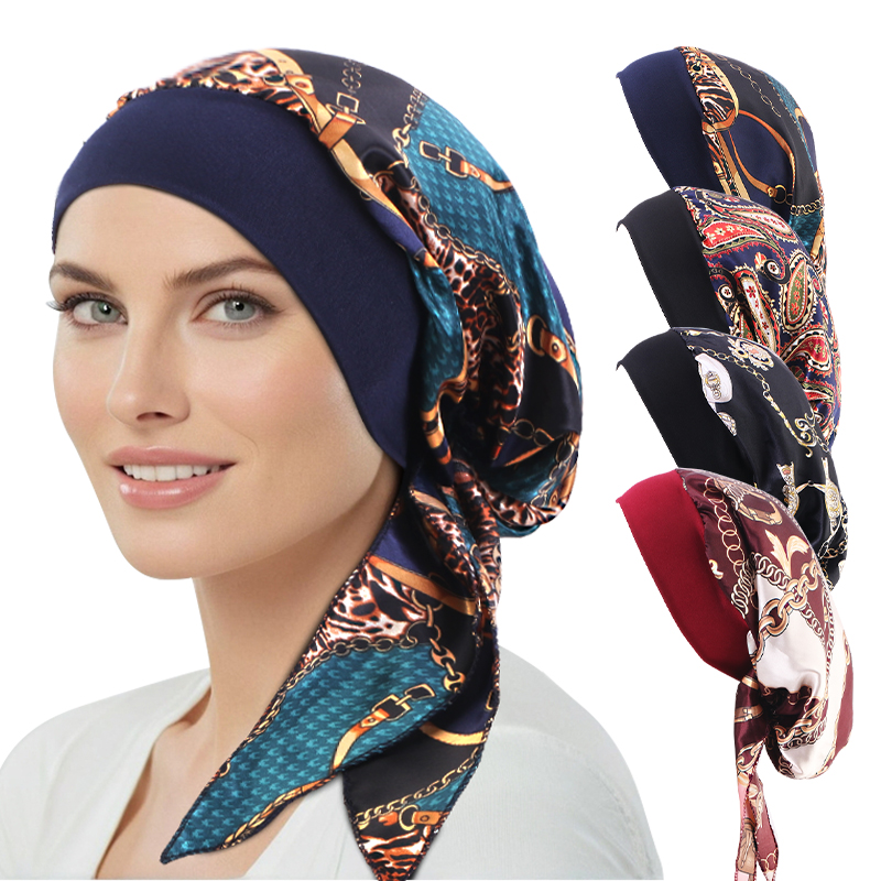 Neonata Pre-annodata Satin Headwrap stampato Turbante fascia elastica foulard elasticizzato berretto chemio femminile musulmano interno Hijab Turbante Mujer