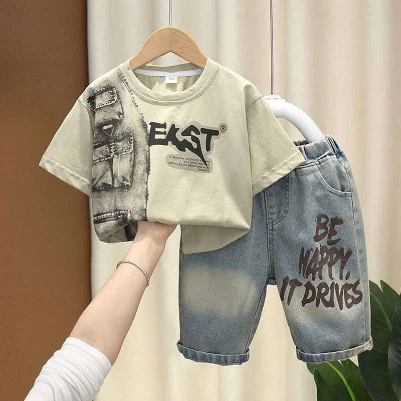 Conjunto de ropa de verano para niños de 2 a 8 años, camiseta de manga corta con estampado de letras y pantalones cortos vaqueros, traje informal bonito de 2 uds.