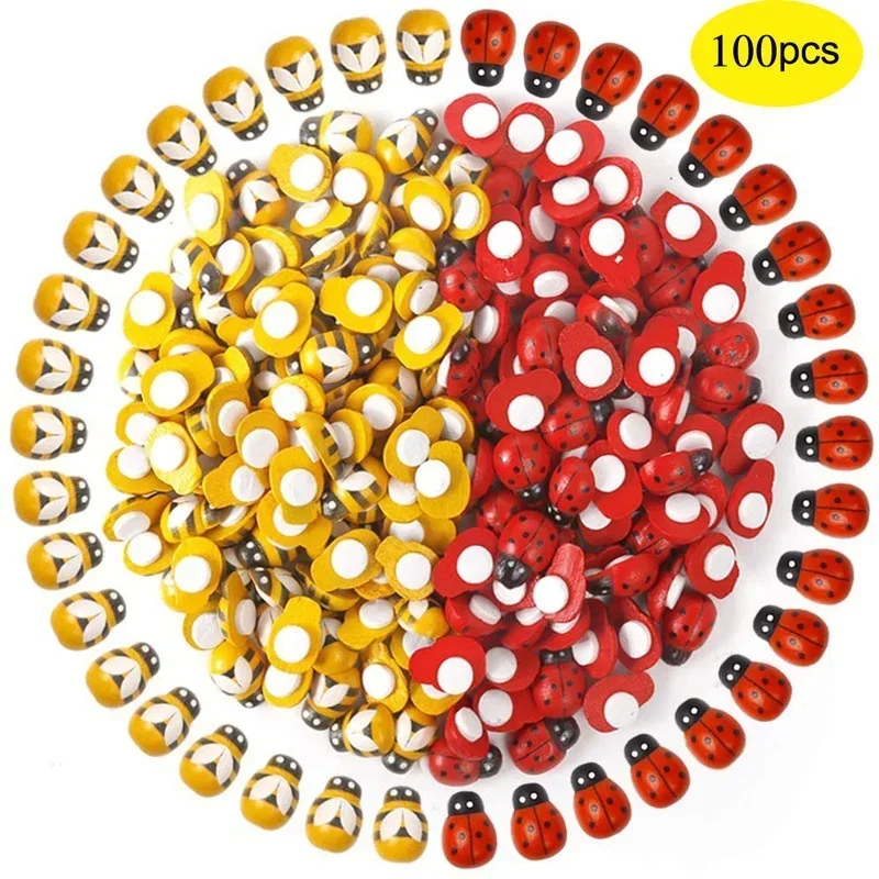 100pcs Self Adhisive ไม้ Bumble Bees และ Tiny Ladybugs สําหรับงานฝีมือ Scrapbooking DIY PARTY ตกแต่งสวนหน้าแรก