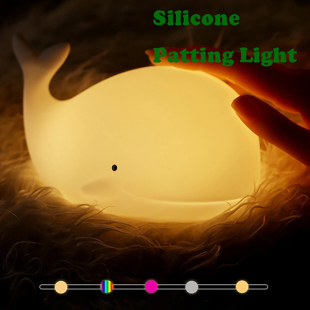 Luz LED nocturna, bonita ballena, animales de dibujos animados, lámpara de silicona para niños, Sensor táctil, sincronización, recargable por USB para regalo de cumpleaños