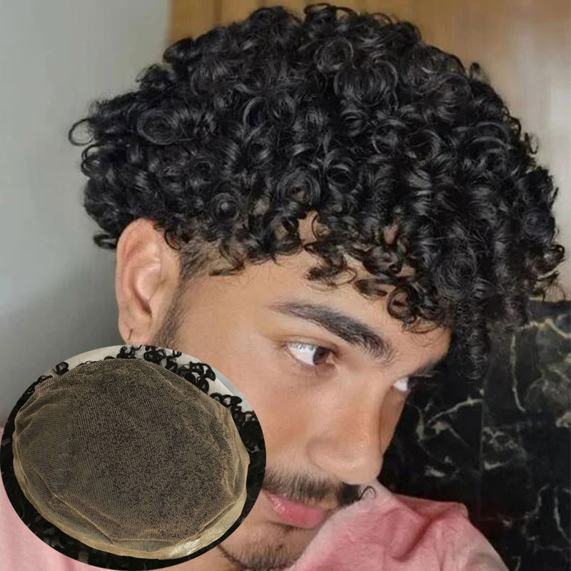 Toupee para homens, 100% sistema de substituição do cabelo humano, hairpieces, macio, fino, super cheio, laço suíço, base pervertido, encaracolado 1B #, 10 "x 8"