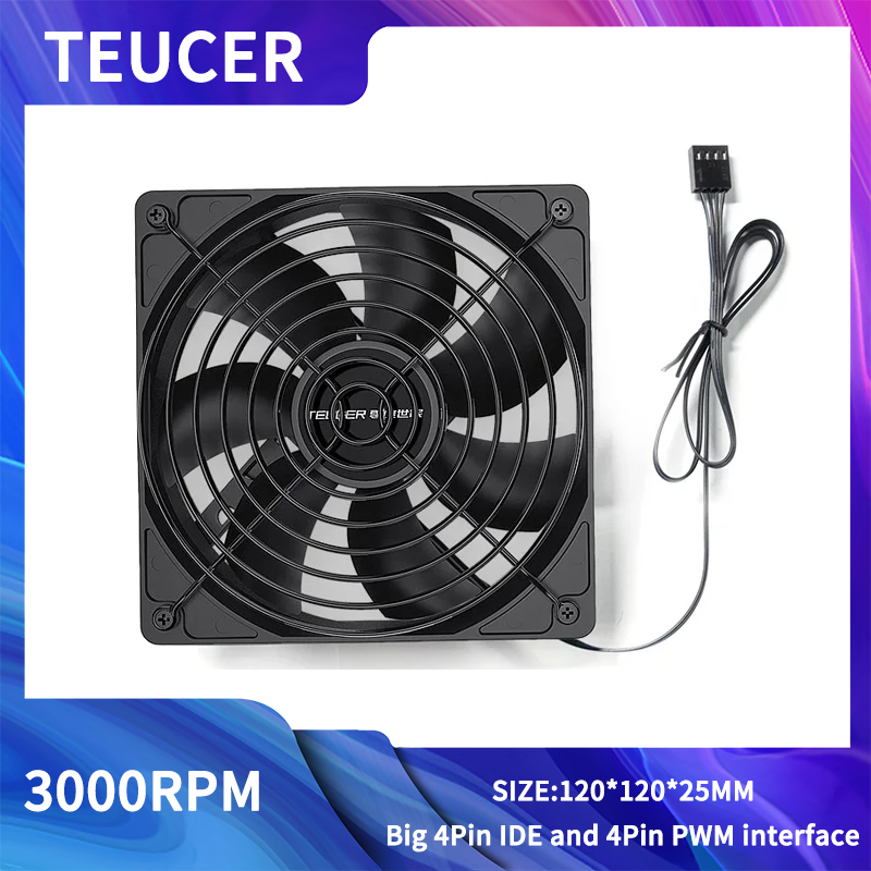 Высокоскоростной вентилятор TEUCER B12025 для компьютера, 120 мм, PRM, большой объем воздуха, 4 контакта, PWM вентилятор для ПК, BTC, шахтный вентилятор для майнинга