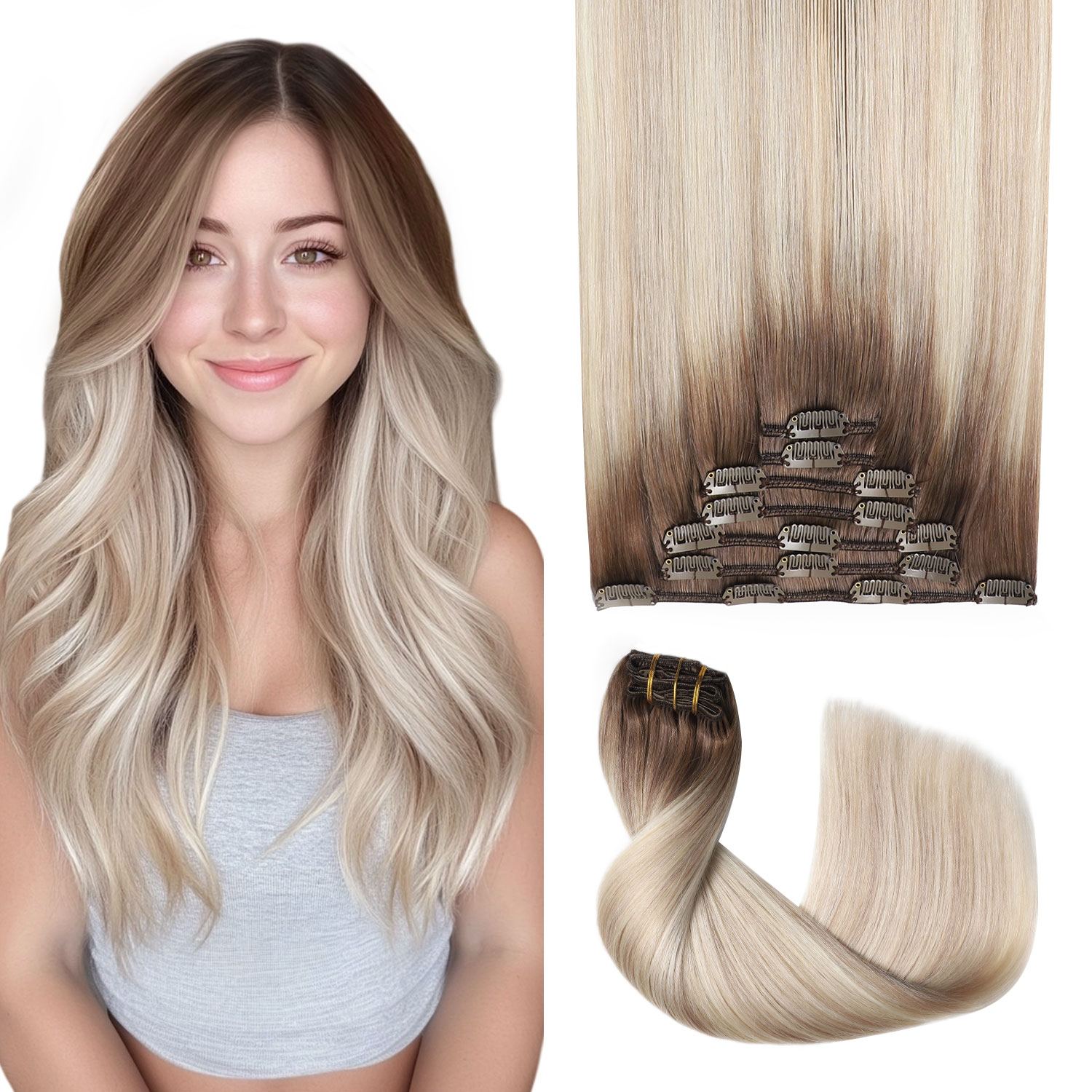Doczepiane włosy naturalne Sweetmet Pro2.0 Clip in Extensions, 120g, gęste, 7 sztuk # 8/60/18 Ombre Brąz do Popielatego Blondu z Platynowym Blondem, doczepiane włosy Remy z ludzkich włosów na klips, 35cm-55cm, bezszwowa podwójna siatka, dla kobiet.