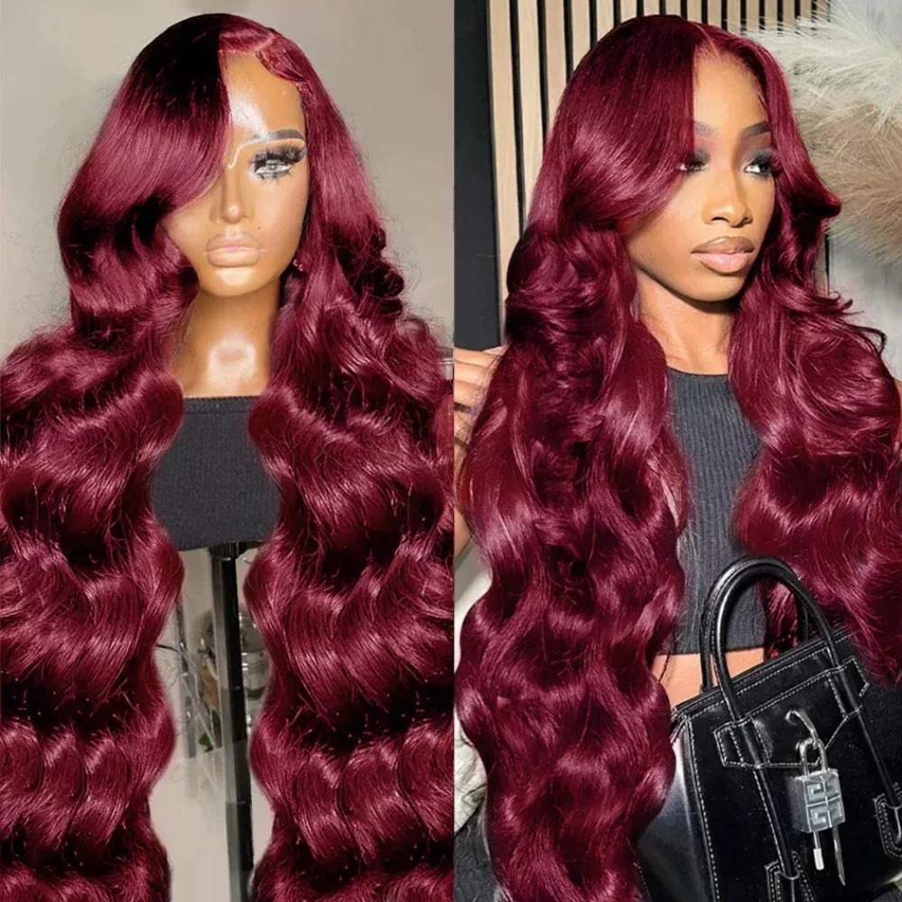 Peruka typu Lace Frontal 99J Burgundy, 13x6, z falowanymi włosami Body Wave, peruka Lace Front HD z transparentną koronką, peruka Lace Frontal z ludzkich włosów, wstępnie wyskubana, czerwona.